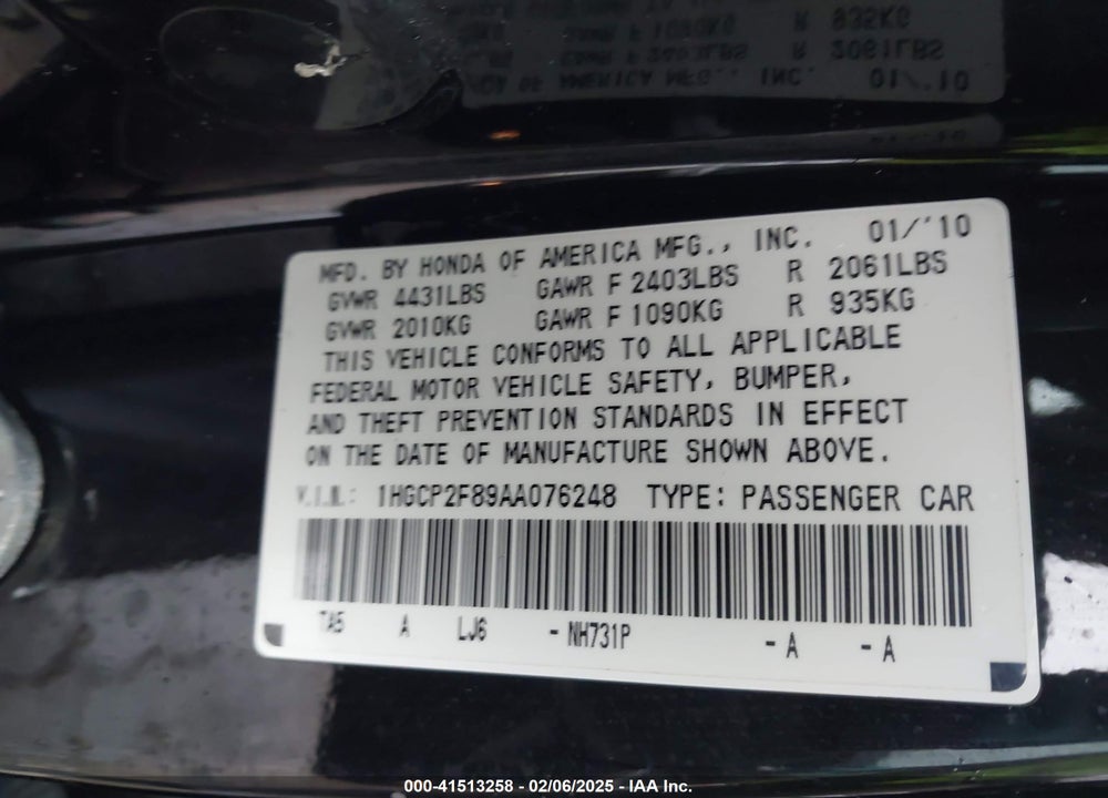 2010 HONDA ACCORD 2.4 EX-L VIN: 1HGCP2F89AA076248
