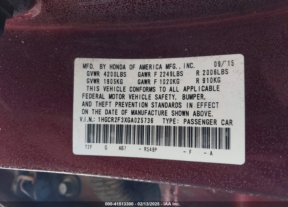 2016 HONDA ACCORD VIN: 1HGCR2F3XGA025736