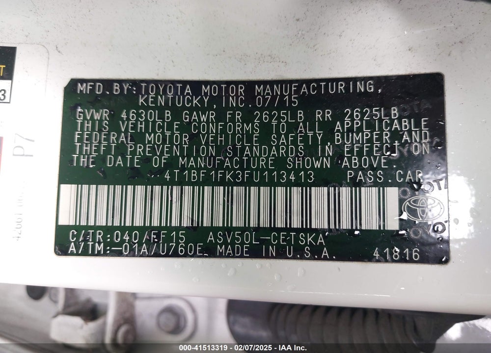2015 TOYOTA CAMRY VIN: 4T1BF1FK3FU113413