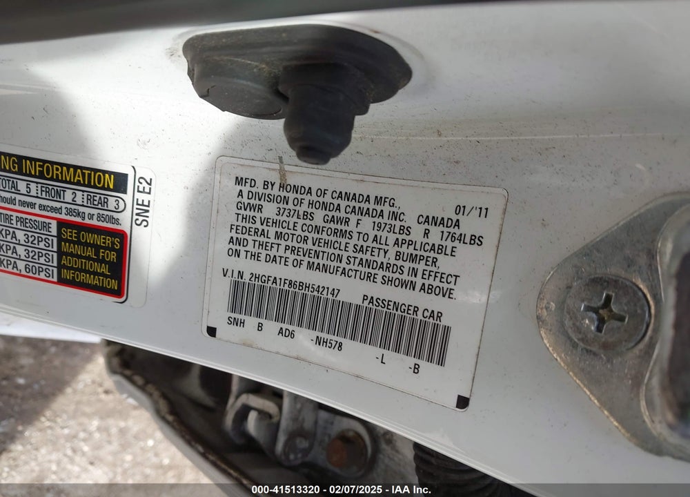 2011 HONDA CIVIC EX VIN: 2HGFA1F86BH542147