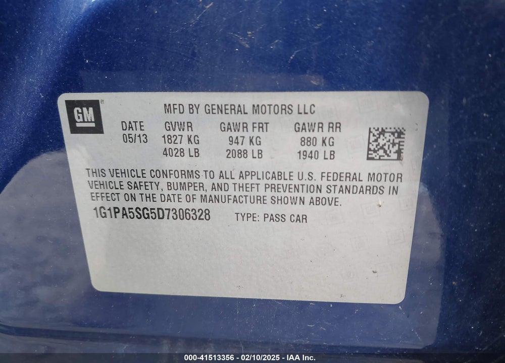 2013 CHEVROLET CRUZE VIN: 1G1PA5SG5D7306328