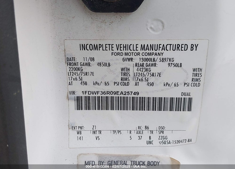 2009 FORD F-350 CHASSIS VIN: 1FDWF36R09EA25749