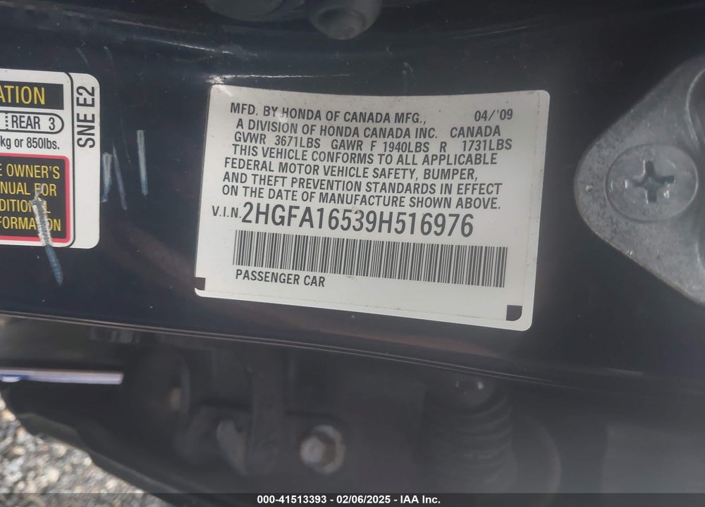 2009 HONDA CIVIC LX VIN: 2HGFA16539H516976