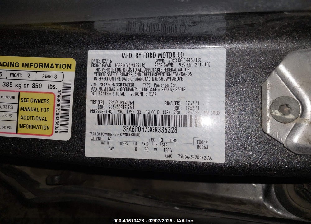2016 FORD FUSION VIN: 3FA6P0H73GR336328