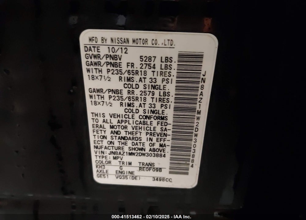 2013 NISSAN MURANO S VIN: JN8AZ1MW2DW303884