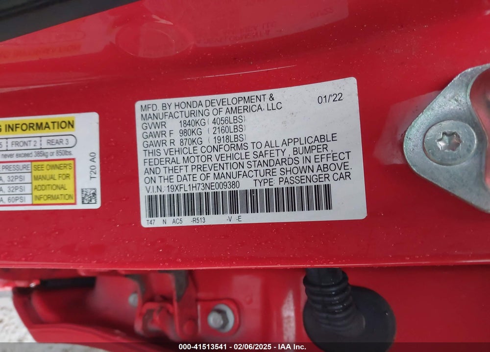 2022 HONDA CIVIC VIN: 19XFL1H73NE009380