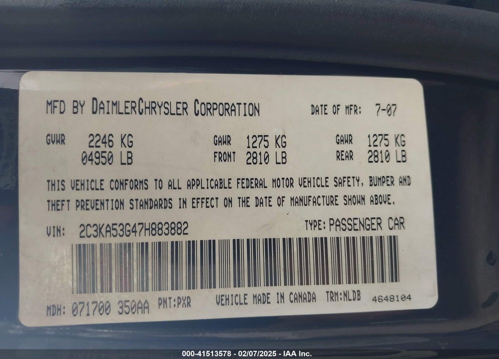2007 CHRYSLER 300 TOURING VIN: 2C3KA53G47H883882