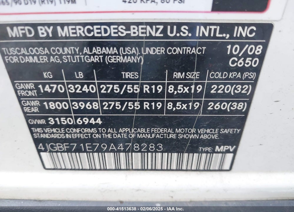 2009 MERCEDES-BENZ GL 450 4MATIC VIN: 4JGBF71E79A478283