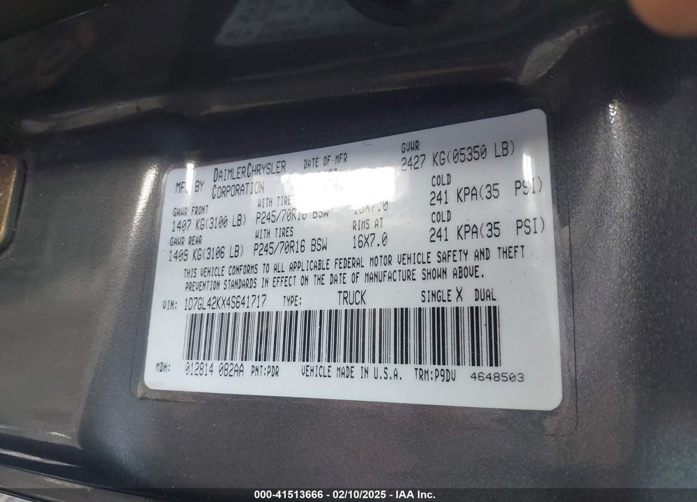 2004 DODGE DAKOTA SLT VIN: 1D7GL42KX4S641717