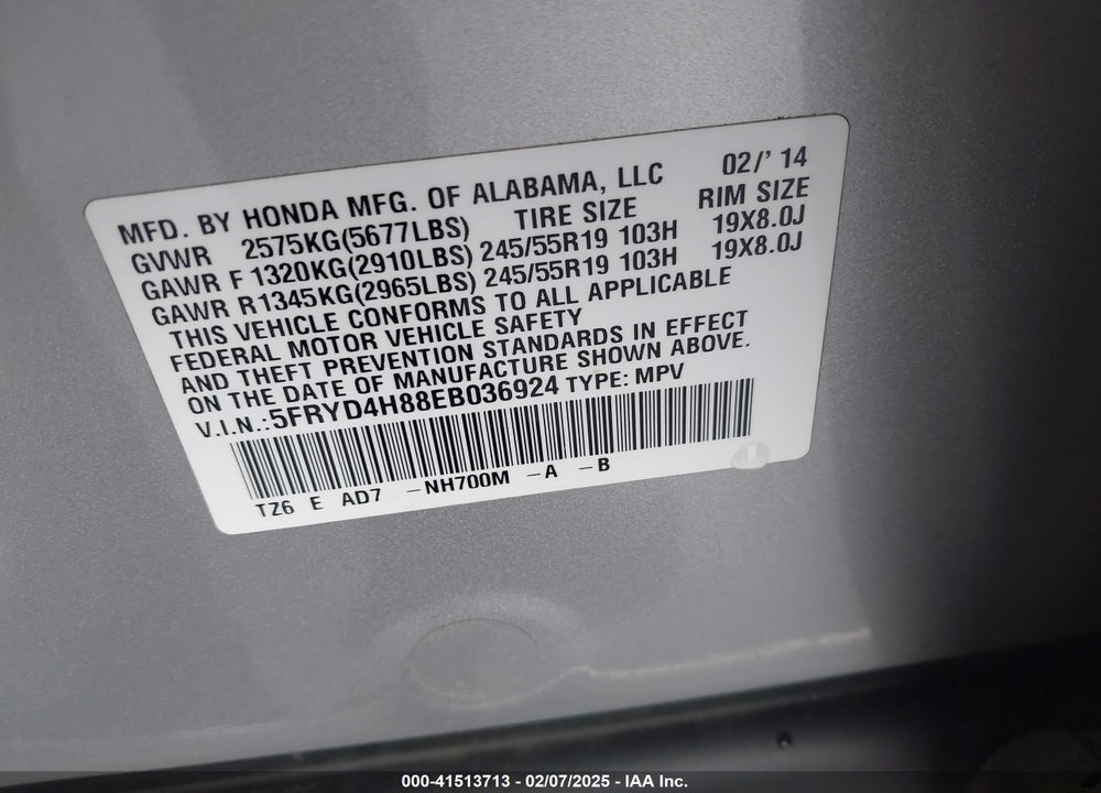 2014 ACURA MDX VIN: 5FRYD4H88EB036924
