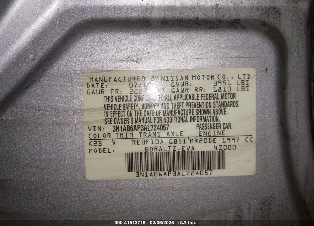 2010 NISSAN SENTRA VIN: 3N1AB6AP3AL724057