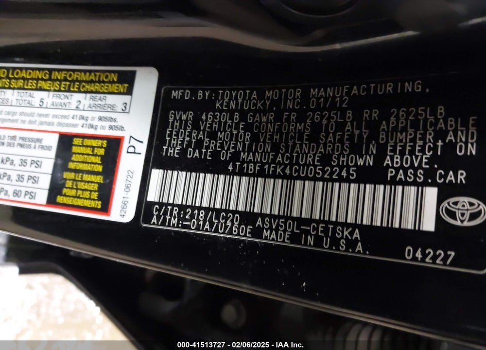 2012 TOYOTA CAMRY SE VIN: 4T1BF1FK4CU052245