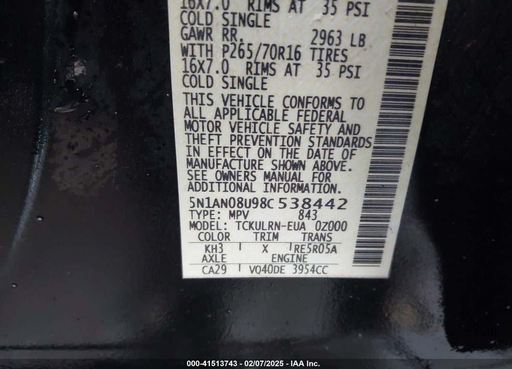 2008 NISSAN XTERRA S VIN: 5N1AN08U98C538442