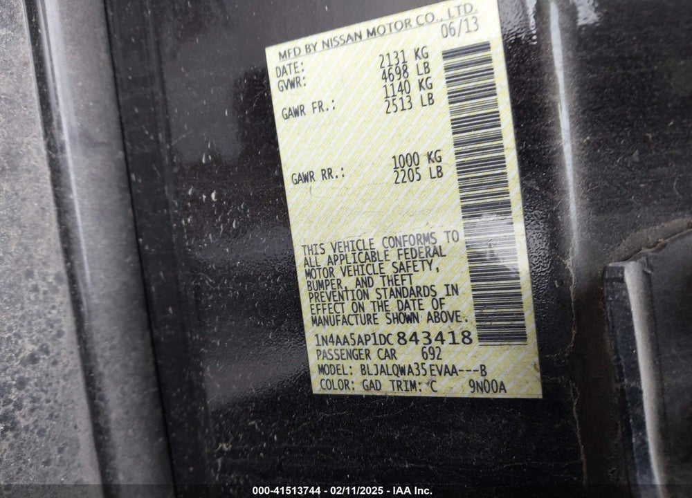 2013 NISSAN MAXIMA VIN: 1N4AA5AP1DC843418