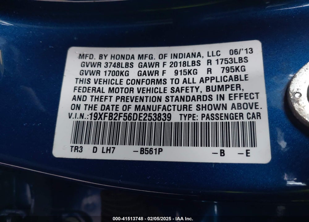 2013 HONDA CIVIC VIN: 19XFB2F56DE253839