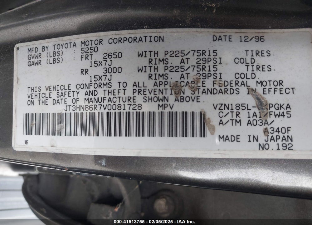 1997 TOYOTA 4RUNNER SR5 V6 VIN: JT3HN86R7V0081728