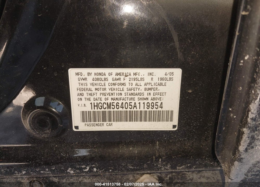 2005 HONDA ACCORD 2.4 LX VIN: 1HGCM56405A119954