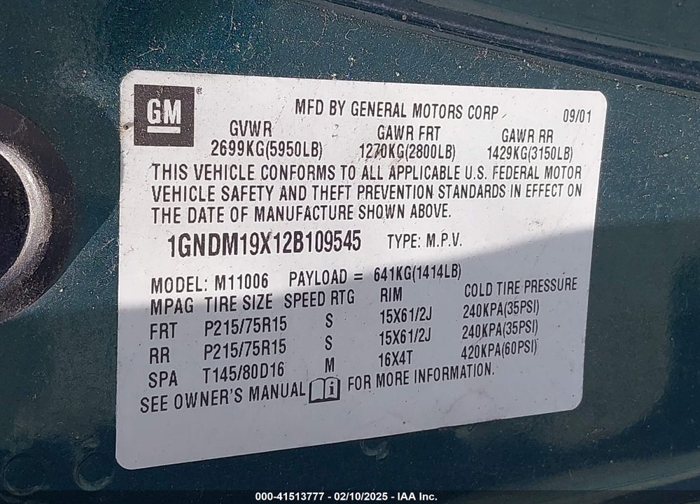 2002 CHEVROLET ASTRO LS VIN: 1GNDM19X12B109545