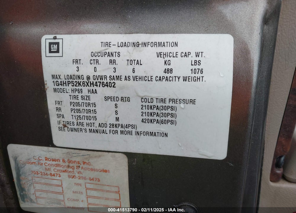 1999 BUICK LESABRE CUSTOM VIN: 1G4HP52K6XH476402