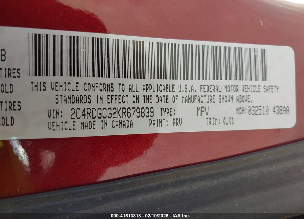 2019 DODGE GRAND CARAVAN SXT VIN: 2C4RDGCG2KR679839