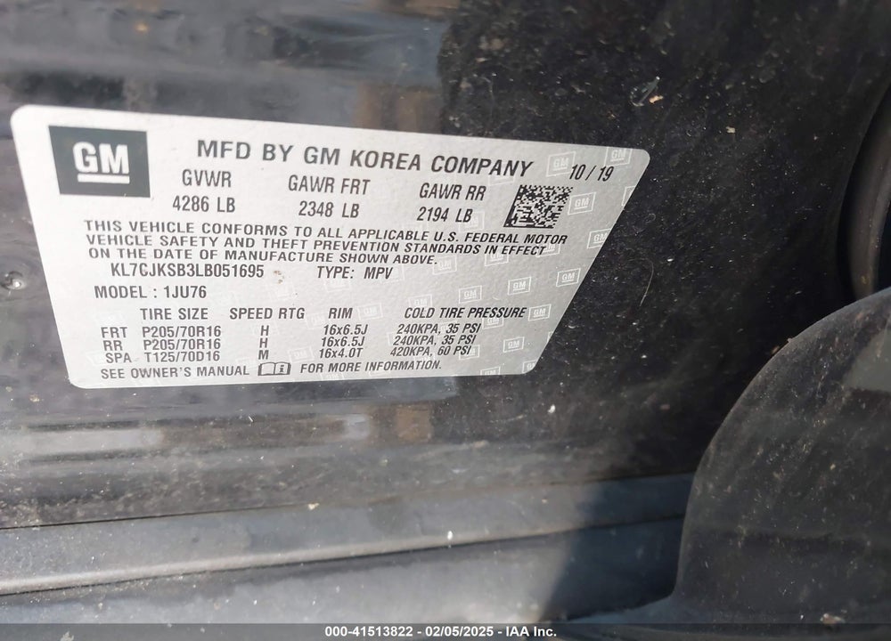 2020 CHEVROLET TRAX FWD LS VIN: KL7CJKSB3LB051695