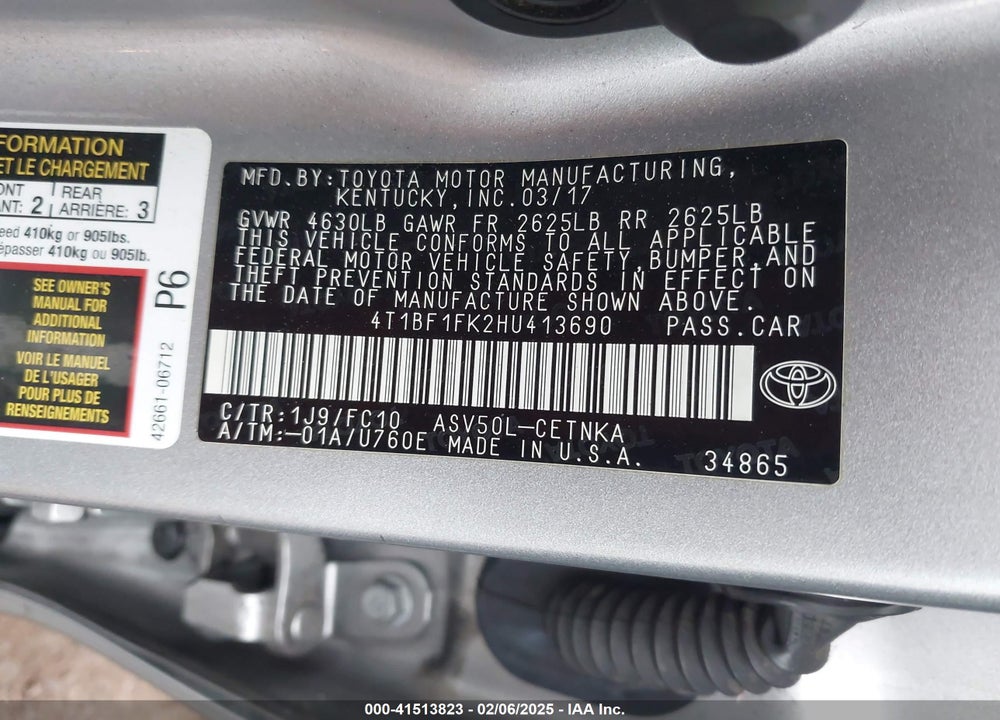 2017 TOYOTA CAMRY VIN: 4T1BF1FK2HU413690