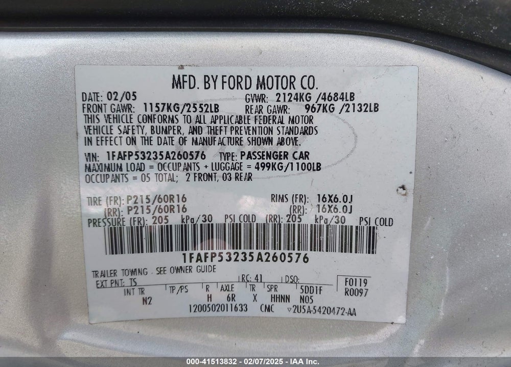 2005 FORD TAURUS SE VIN: 1FAFP53235A260576