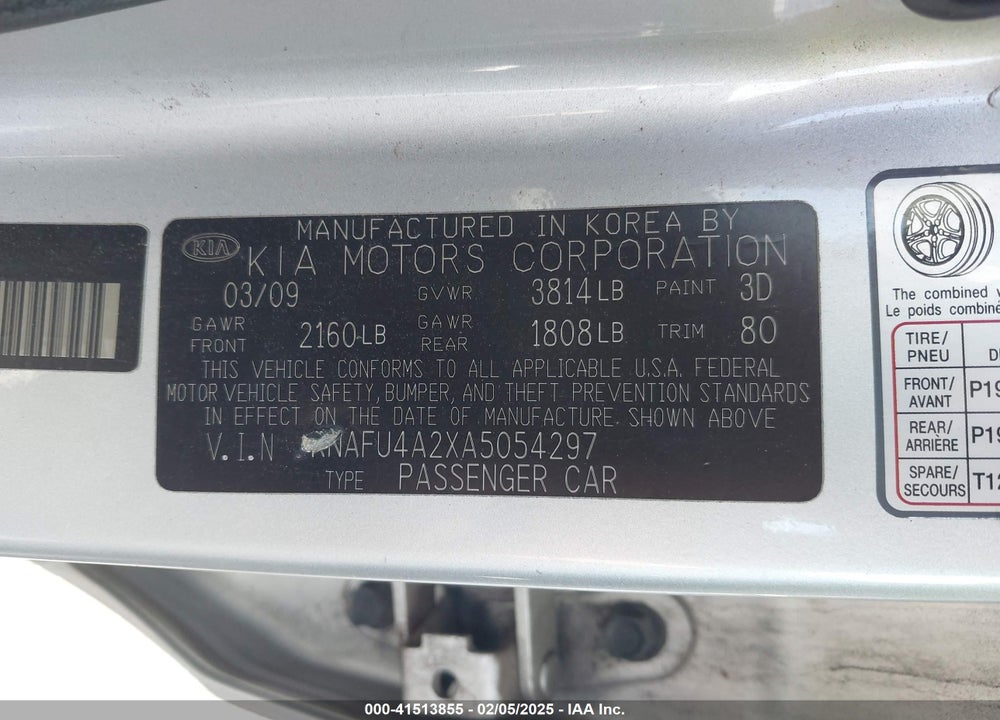2010 KIA FORTE VIN: KNAFU4A2XA5054297