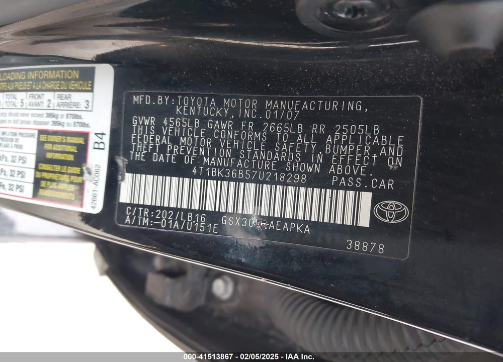 2007 TOYOTA AVALON VIN: 4T1BK36B57U218298