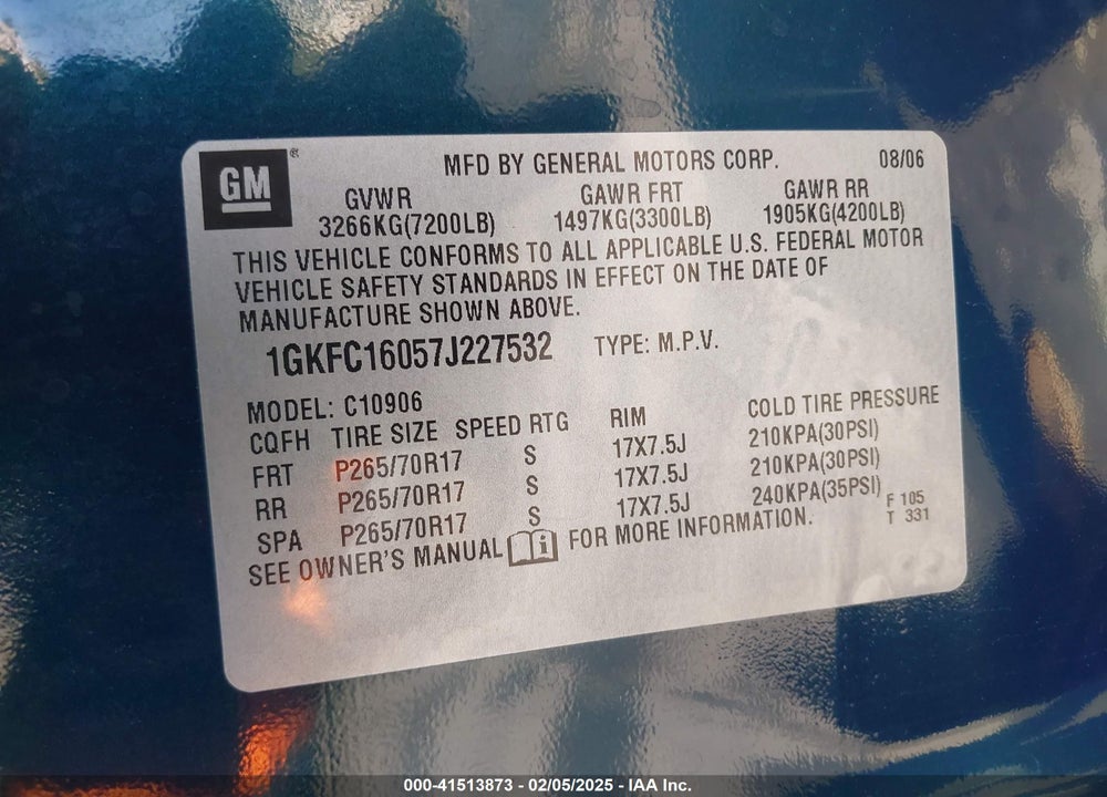 2007 GMC YUKON XL 1500 COMMERCIAL FLEET VIN: 1GKFC16057J227532