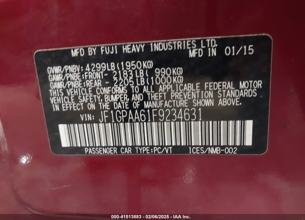 2015 SUBARU IMPREZA VIN: JF1GPAA61F9234631