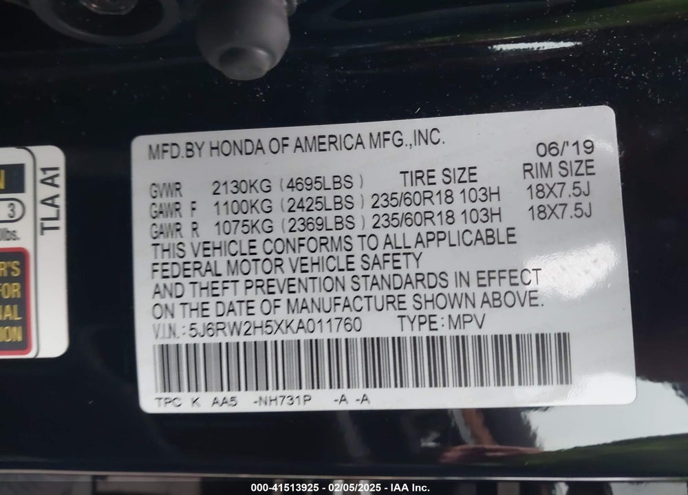 2019 HONDA CR-V EX VIN: 5J6RW2H5XKA011760