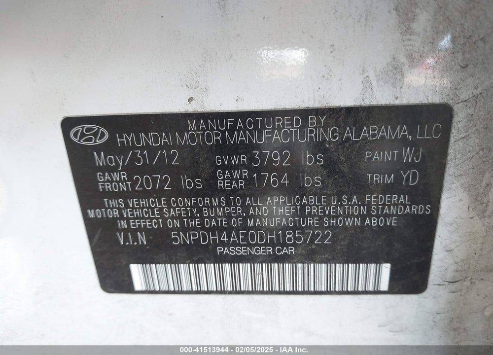 2013 HYUNDAI ELANTRA VIN: 5NPDH4AE0DH185722