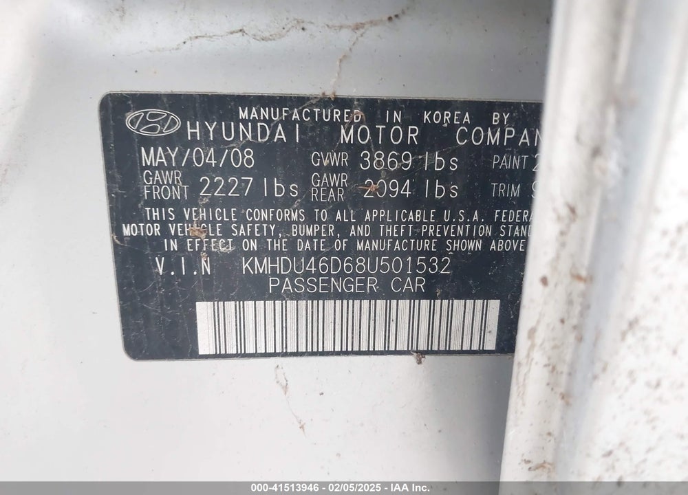 2008 HYUNDAI ELANTRA VIN: KMHDU46D68U501532