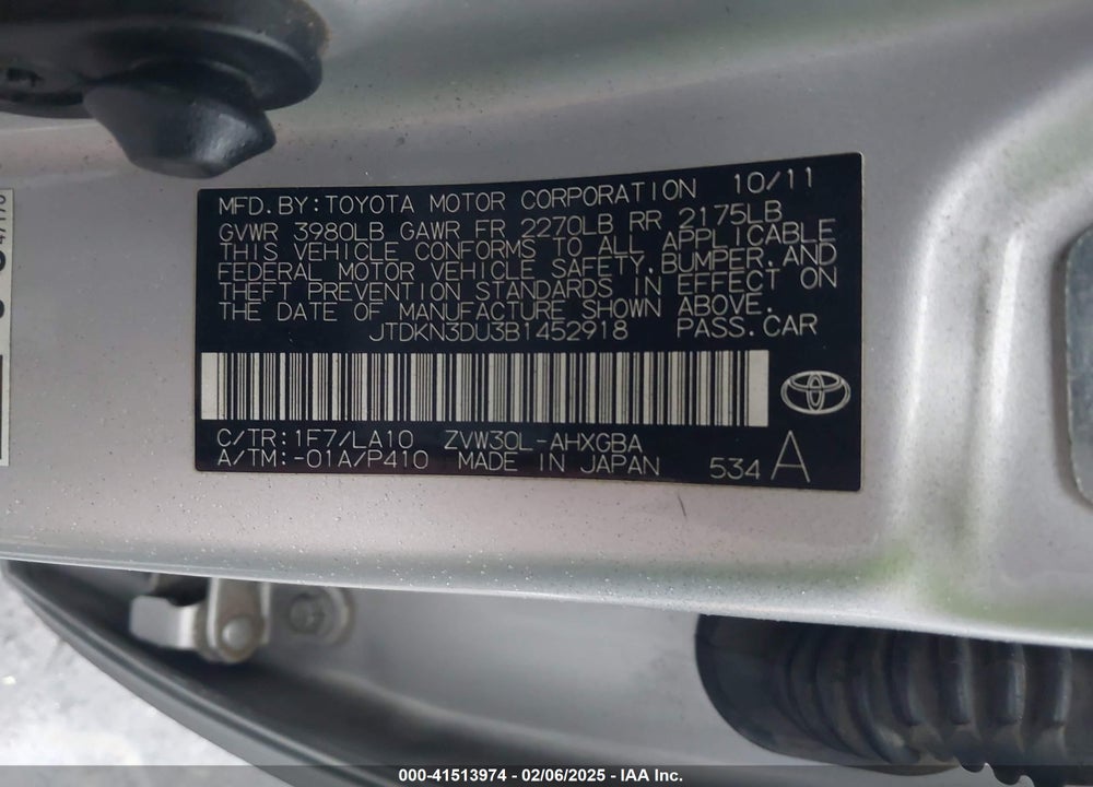 2011 TOYOTA PRIUS VIN: JTDKN3DU3B1452918