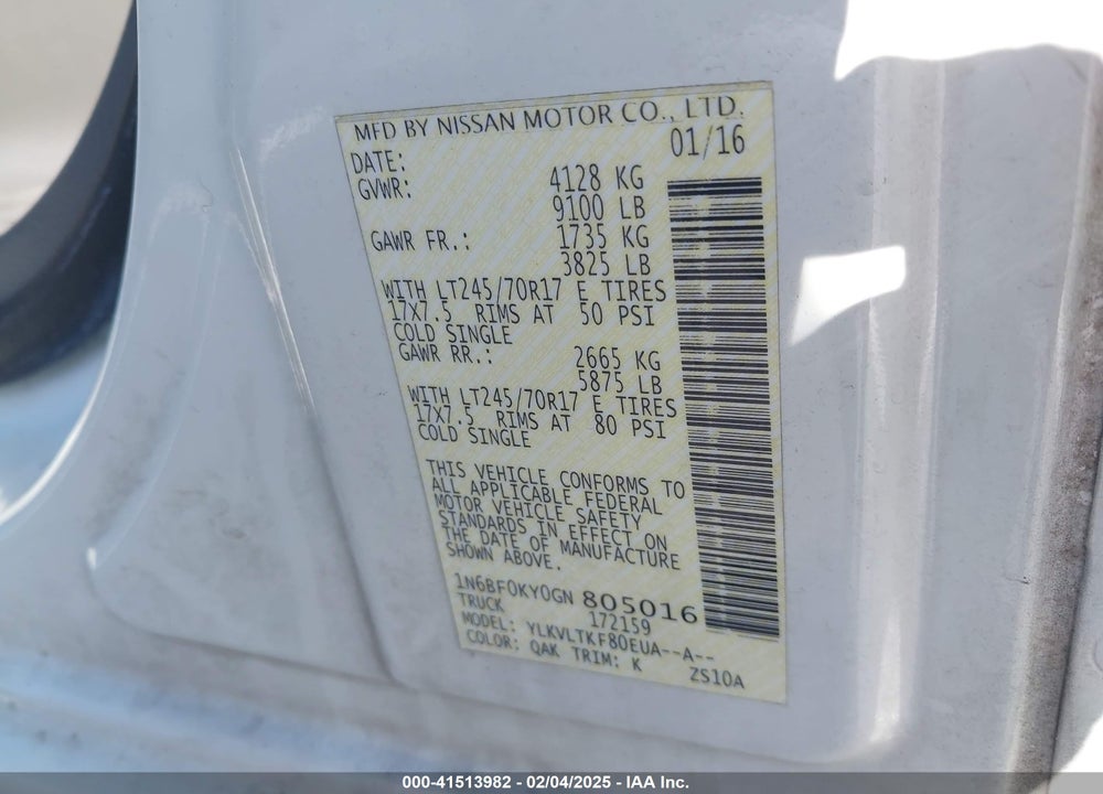 2016 NISSAN NV CARGO NV2500 HD SV V6 VIN: 1N6BF0KY0GN805016