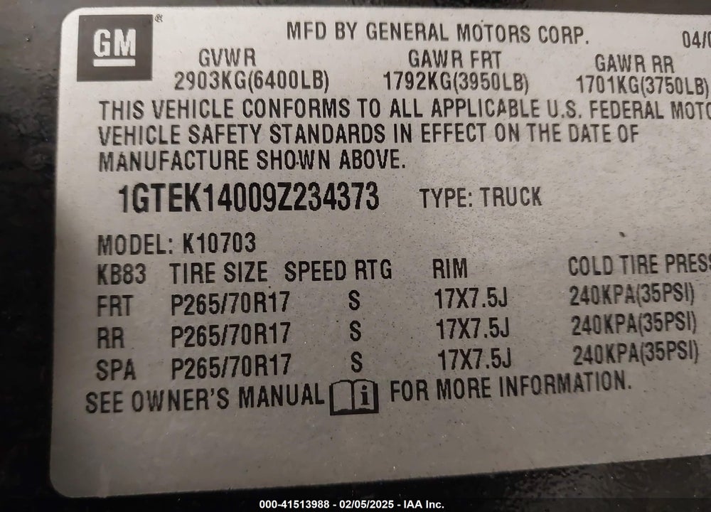 2009 GMC SIERRA 1500 WORK TRUCK VIN: 1GTEK14009Z234373