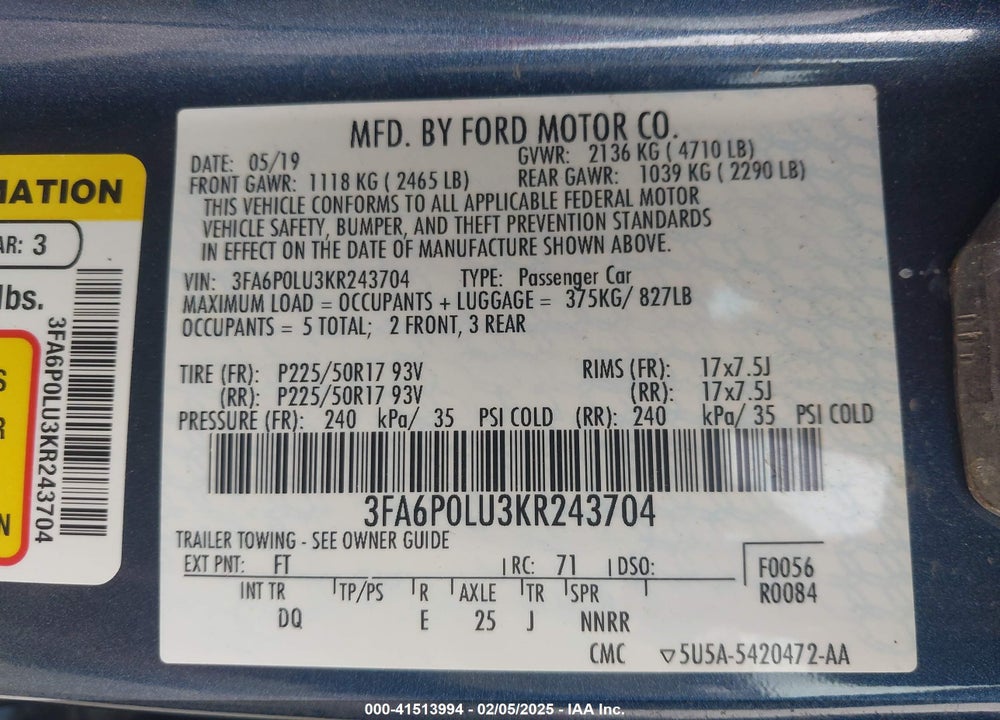 2019 FORD FUSION VIN: 3FA6P0LU3KR243704