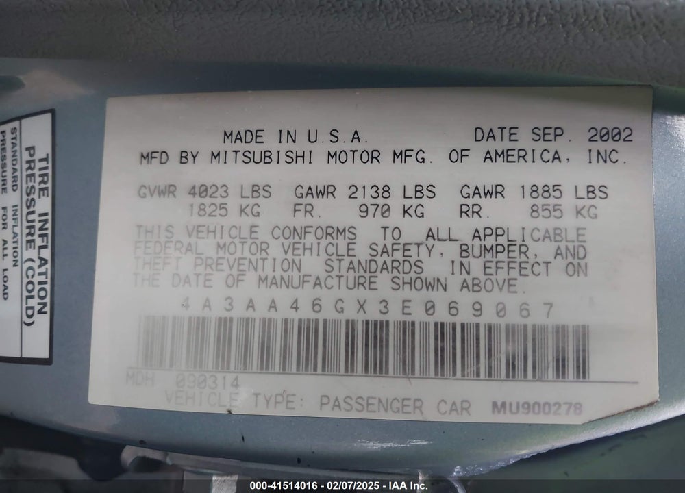 2003 MITSUBISHI GALANT ES/LS VIN: 4A3AA46GX3E069067
