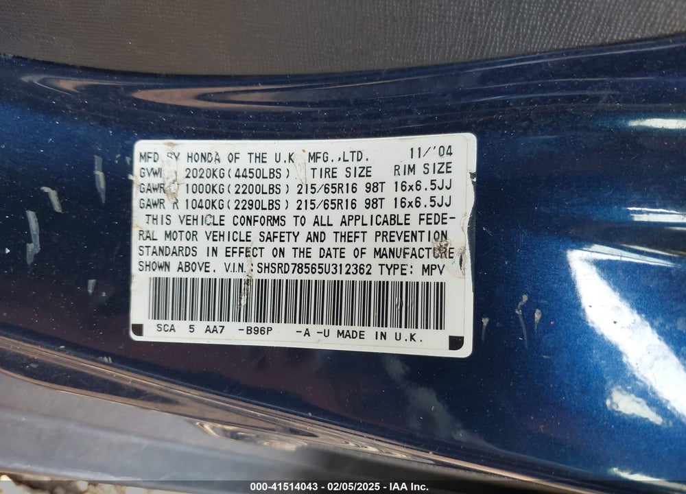 2005 HONDA CR-V LX VIN: SHSRD78565U312362