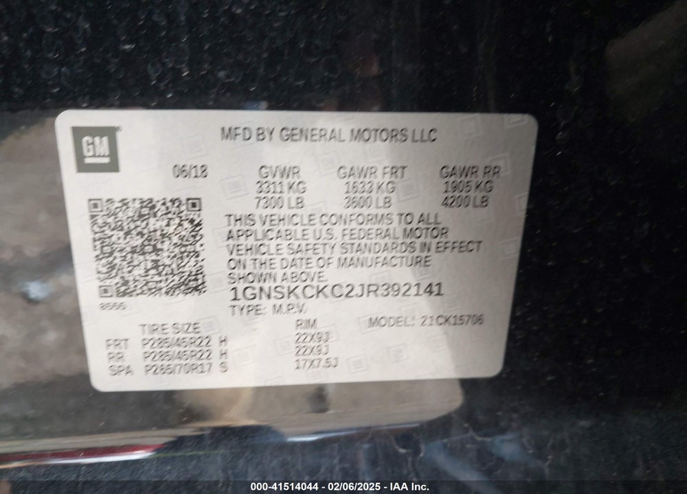 2018 CHEVROLET TAHOE VIN: 1GNSKCKC2JR392141