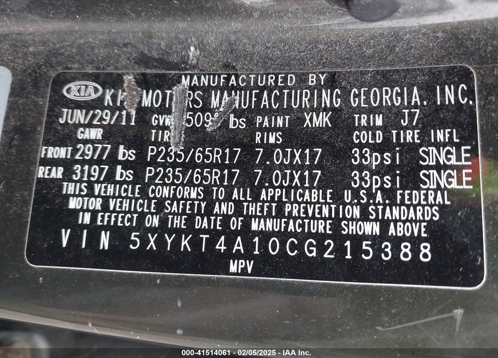 2012 KIA SORENTO LX VIN: 5XYKT4A10CG215388