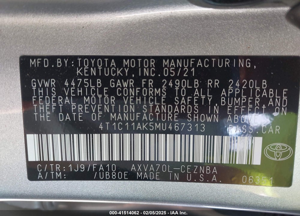 2021 TOYOTA CAMRY VIN: 4T1C11AK5MU467313