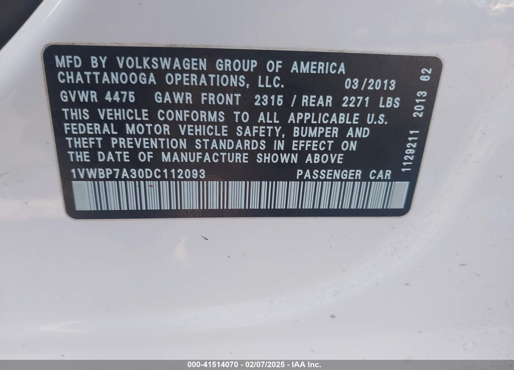 2013 VOLKSWAGEN PASSAT VIN: 1VWBP7A30DC112093