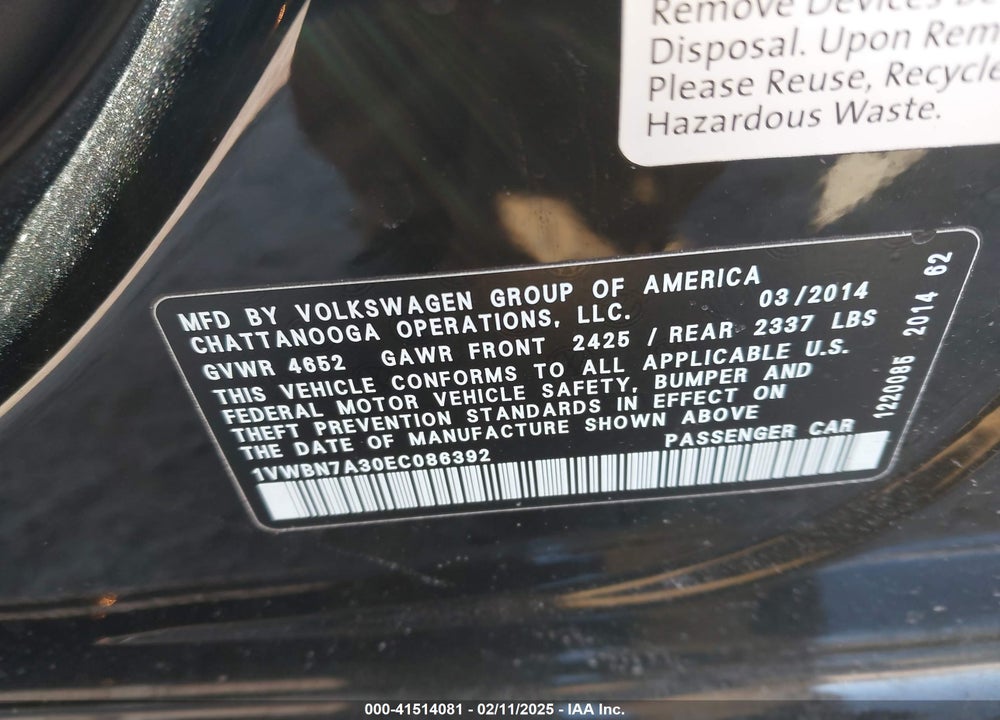 2014 VOLKSWAGEN PASSAT VIN: 1VWBN7A30EC086392
