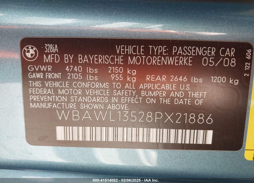 2008 BMW 328I VIN: WBAWL13528PX21886