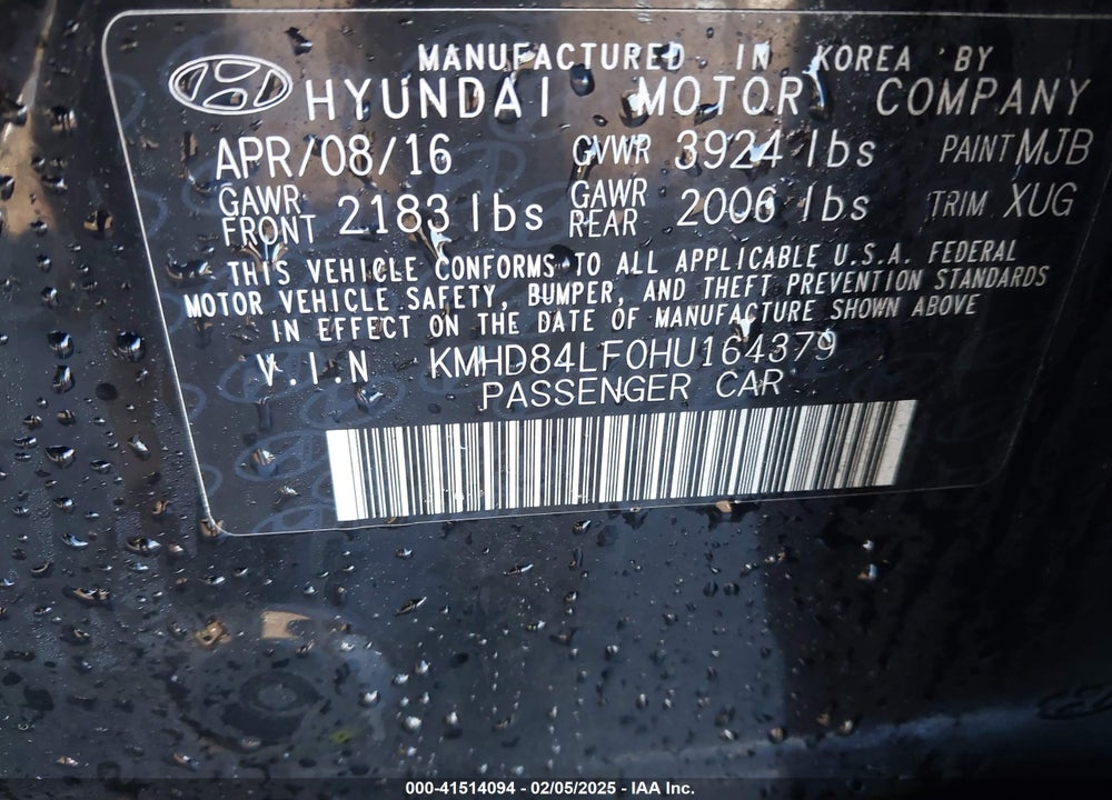 2017 HYUNDAI ELANTRA VIN: KMHD84LF0HU164379