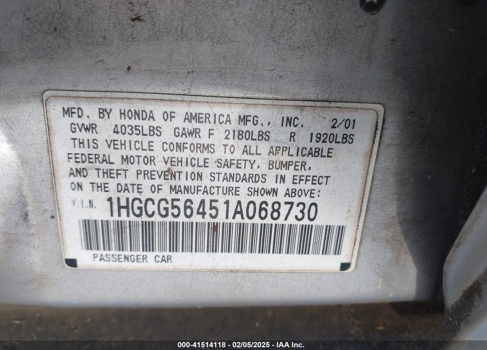 2001 HONDA ACCORD 2.3 LX VIN: 1HGCG56451A068730