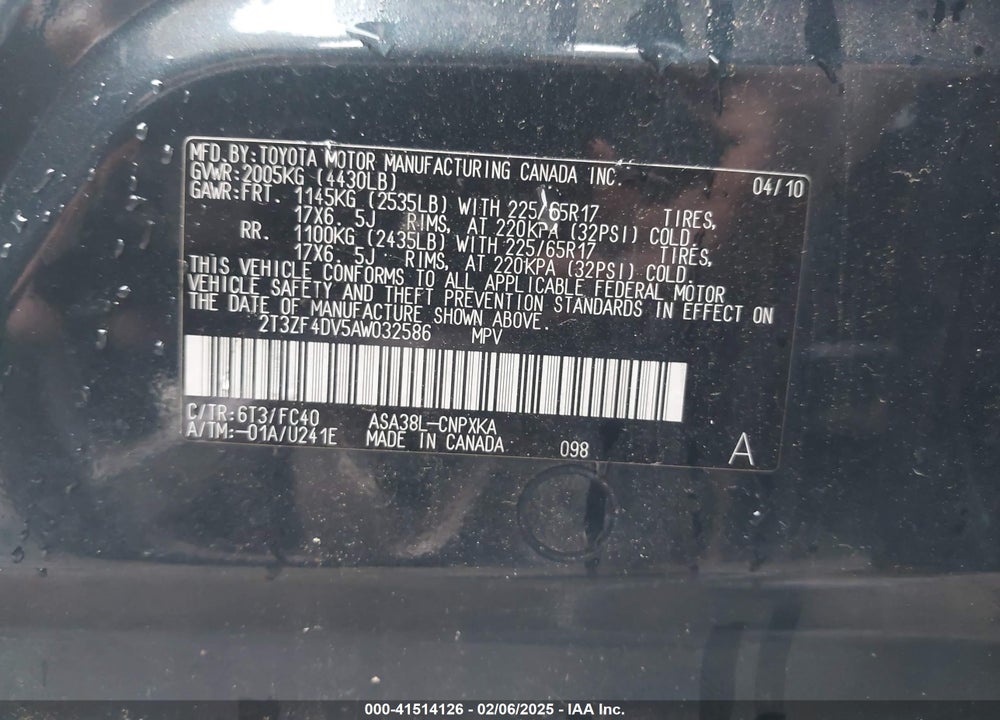 2010 TOYOTA RAV4 VIN: 2T3ZF4DV5AW032586