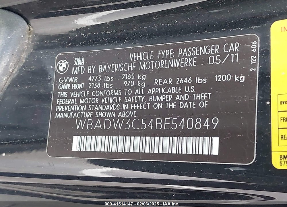 2011 BMW 328I VIN: WBADW3C54BE540849